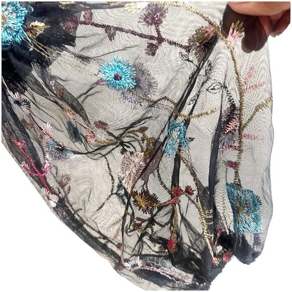 A New Day Sheer Mesh Peasant Top L Black Floral Embroidered Goth Whimsical - Picture 5 of 12